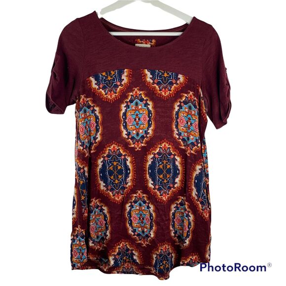 Anthropologie Meadow Rue Size S Tunic Top Burgundy Solvo Roll Tab Printed Blouse - Picture 1 of 7